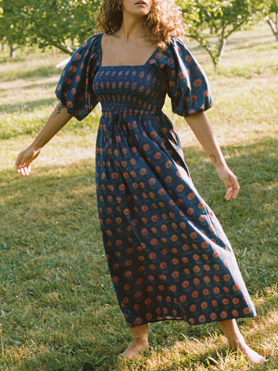 Women Puffed Sleeve Dress Casual Summer Plaid Floral Print Square Neck Party A-Line Dress for Beach Cocktail Streetwear