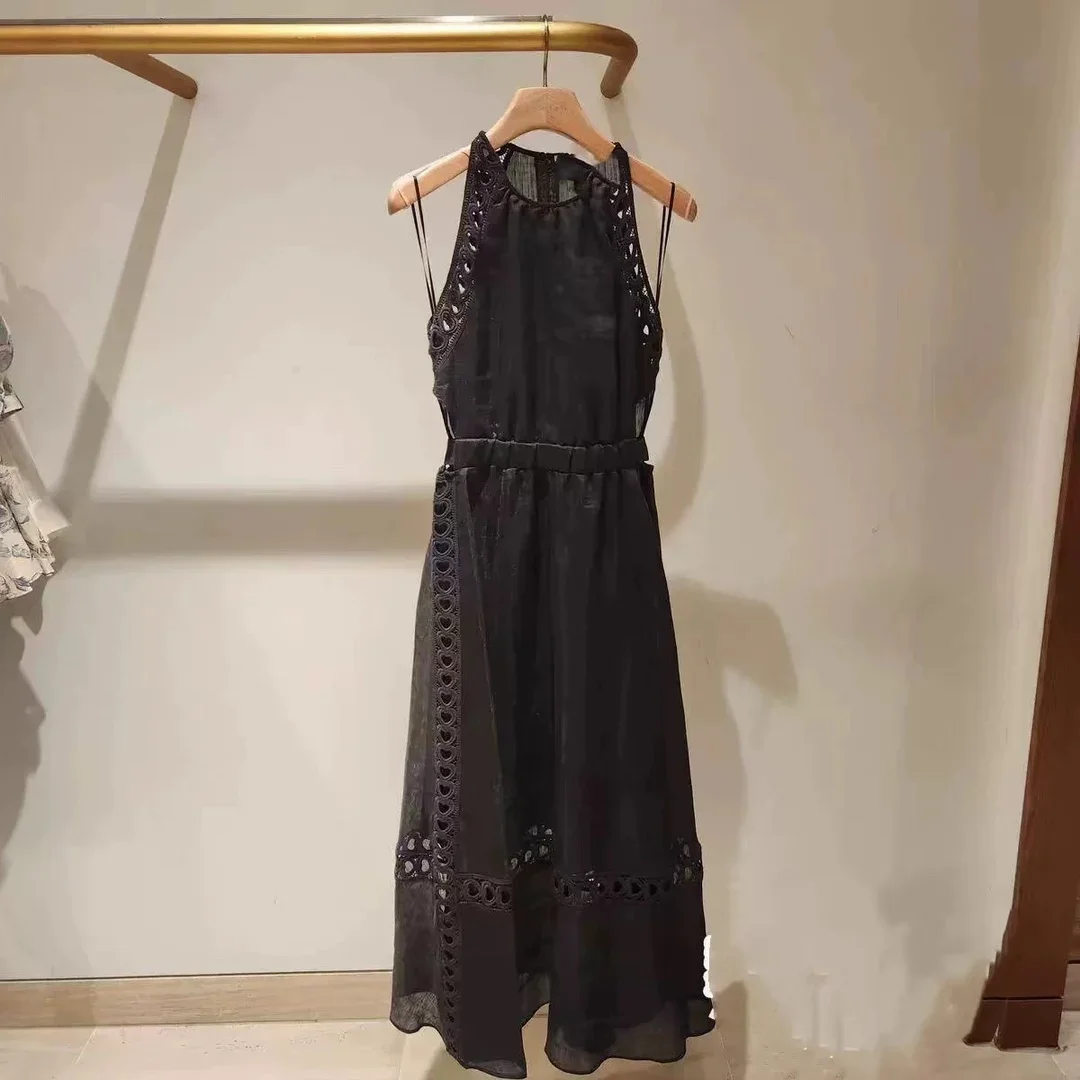 

Женское платье-миди без рукавов, белое или черное ажурное платье в форме сердца с круглым вырезом и поясом на резинке, лето 2024