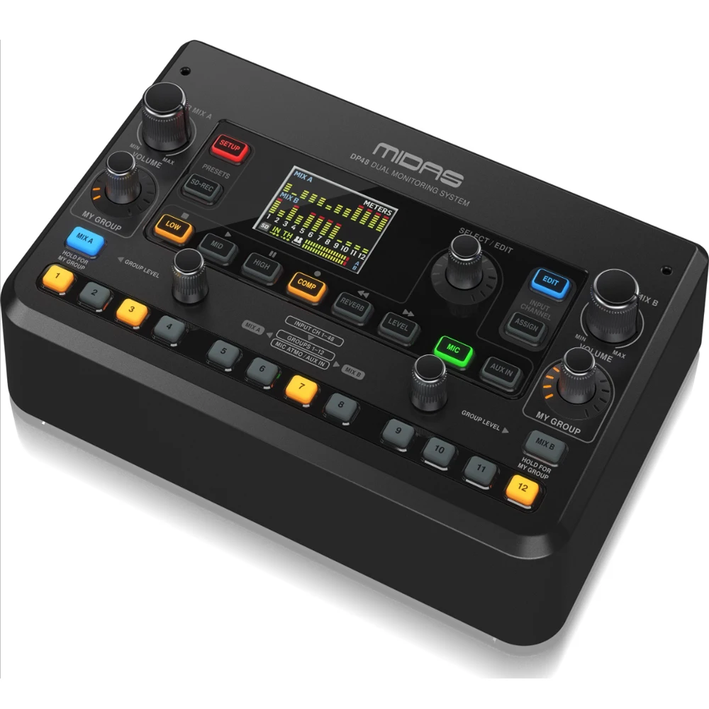 Midas DP48 4 듀얼 48 채널 개인 모니터 디지털 믹서, SD 카드 녹음기, 스테레오 앰비언스 마이크, 원격 전원