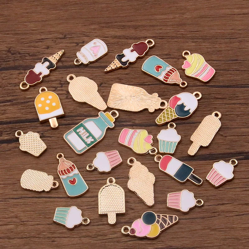 10pcs 10 Styles Mix Color Enamel Cute Food Drink Ice Cream Charms Pendants For Necklaces Handmade DIY Jewelry Making Accessories