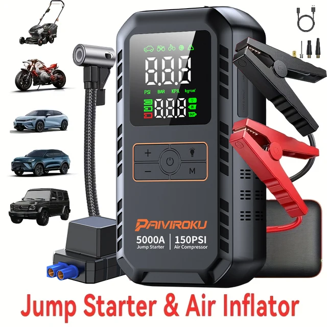 PAIVIROKU 5000A Car Jump Starter with Air Compressor 150PSI Air Pump  Auto Battery Booster Portable Power Bank Tire Inflator 1