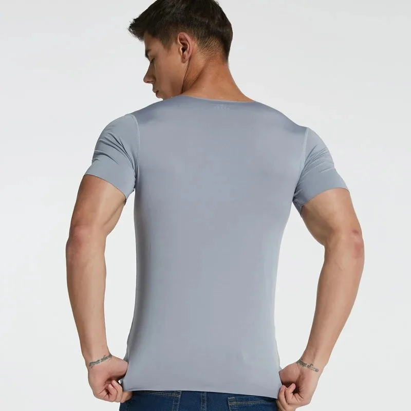 Plus Size Mens V-Neck Undershirts Man Ice Silk Seamless Short Sleeves Basic Shirts Summer Sexy Fitness Body Building Underwear men underwear cotton vest compression t shirt men undershirt short sleeve undershirt sports sleeveless vest tanktop set cotton sleeveless t shirt compression shirt men wrestling singlet