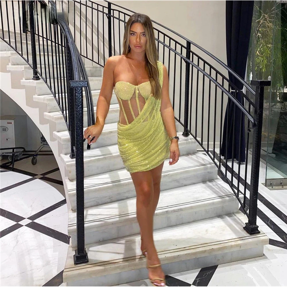 

Lemon Yellow Short Cocktail Party Dresses Glitter One Shoulder Bones Sweetheart Prom Dress Lady Fashion Summer Garment