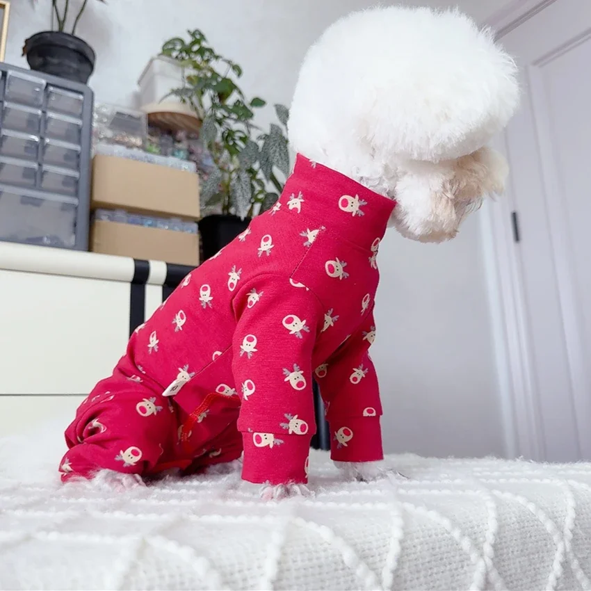 순면 빨간색 애완견 옷, 야외 운동복 패션 프린트 점프수트, 소형 중형견 슈나우저 강아지 롬퍼