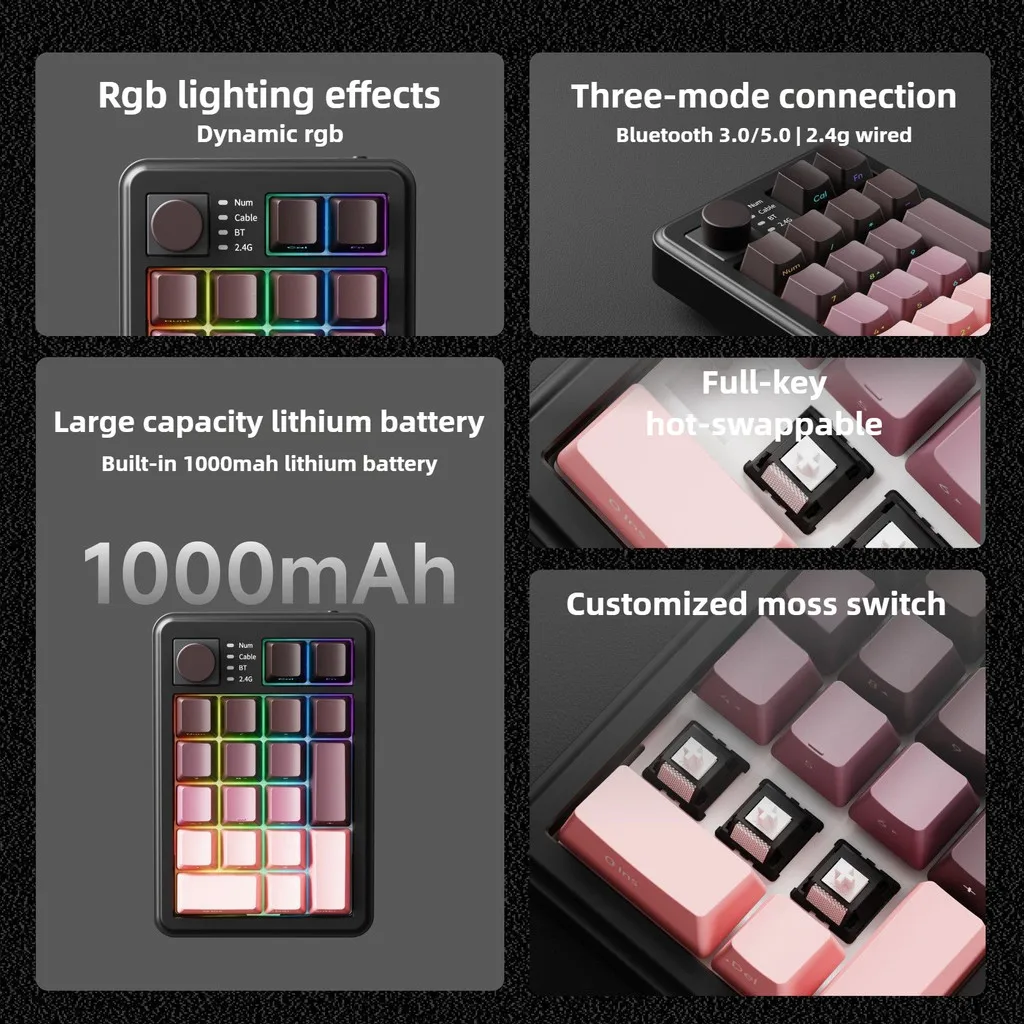 NK20 숫자 키패드 2.4G/블루투스/유선 3모드 RGB 가스켓 노브 포함 핫 스와핑 가능 사무용 데스크탑 컴퓨터 범용