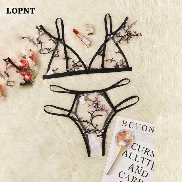 Lopnt Sexy Underwear Women Set Floral Embroidery Sheer Mesh