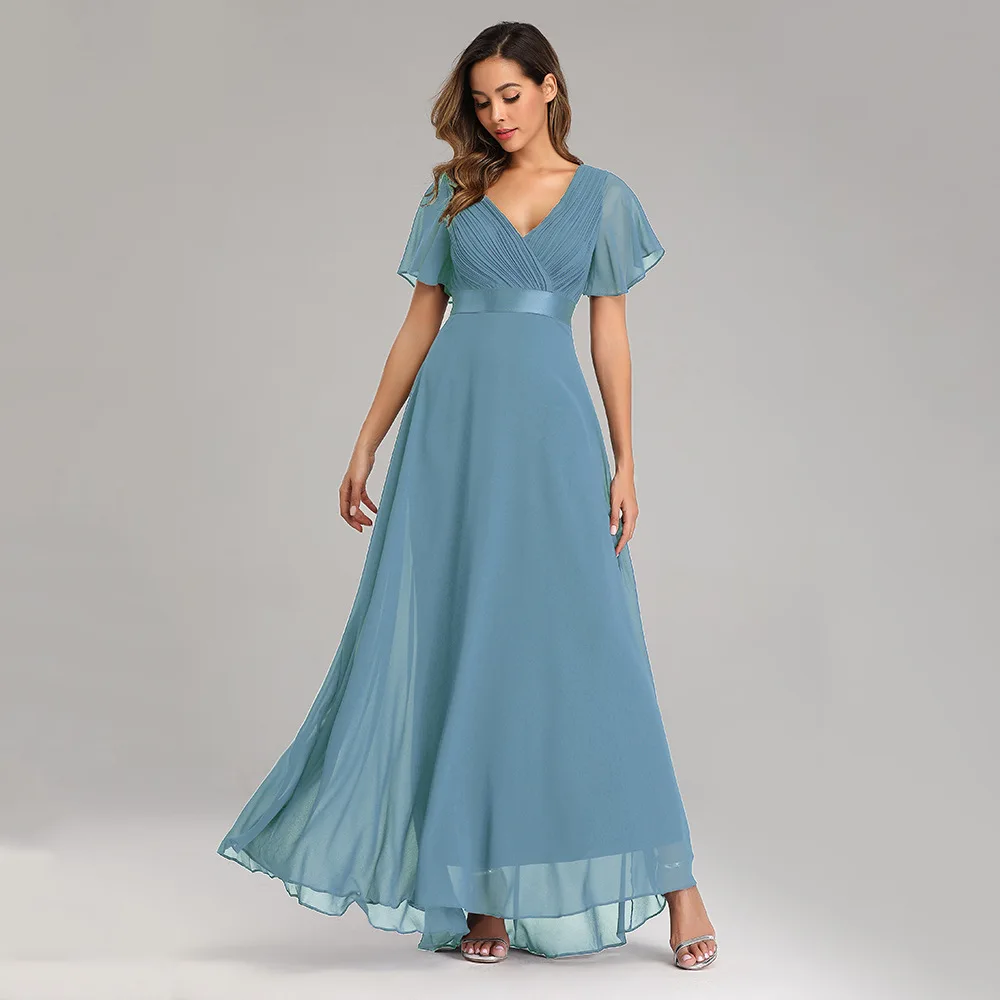 

Spring and summer 23 hand-folded double V-neck flared sleeve dress elastic chiffon banquet bridesmaid long evening dress women