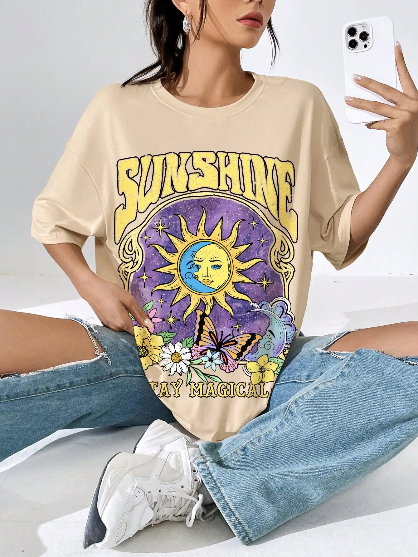 Fkatuzi Butterfly Oversized Vintage T Shirts for Women Sun and Moon Graphic Tee Casual Cotton Crewneck Short Sleeve Gray Tops