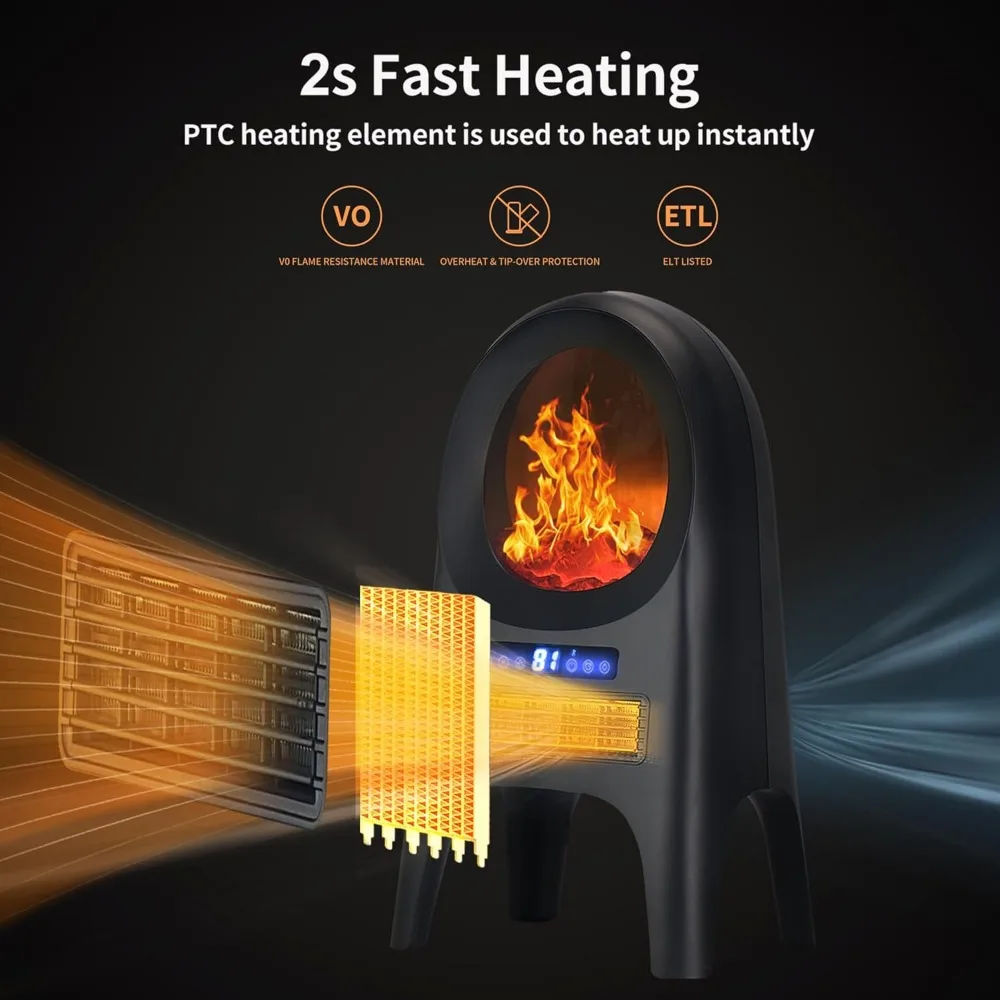 Indoor Space Heater, 1500W Ceramic Electric Heater with Flame, 24 Inch Remote 8H Timer Tower Heater with Thermostat 3