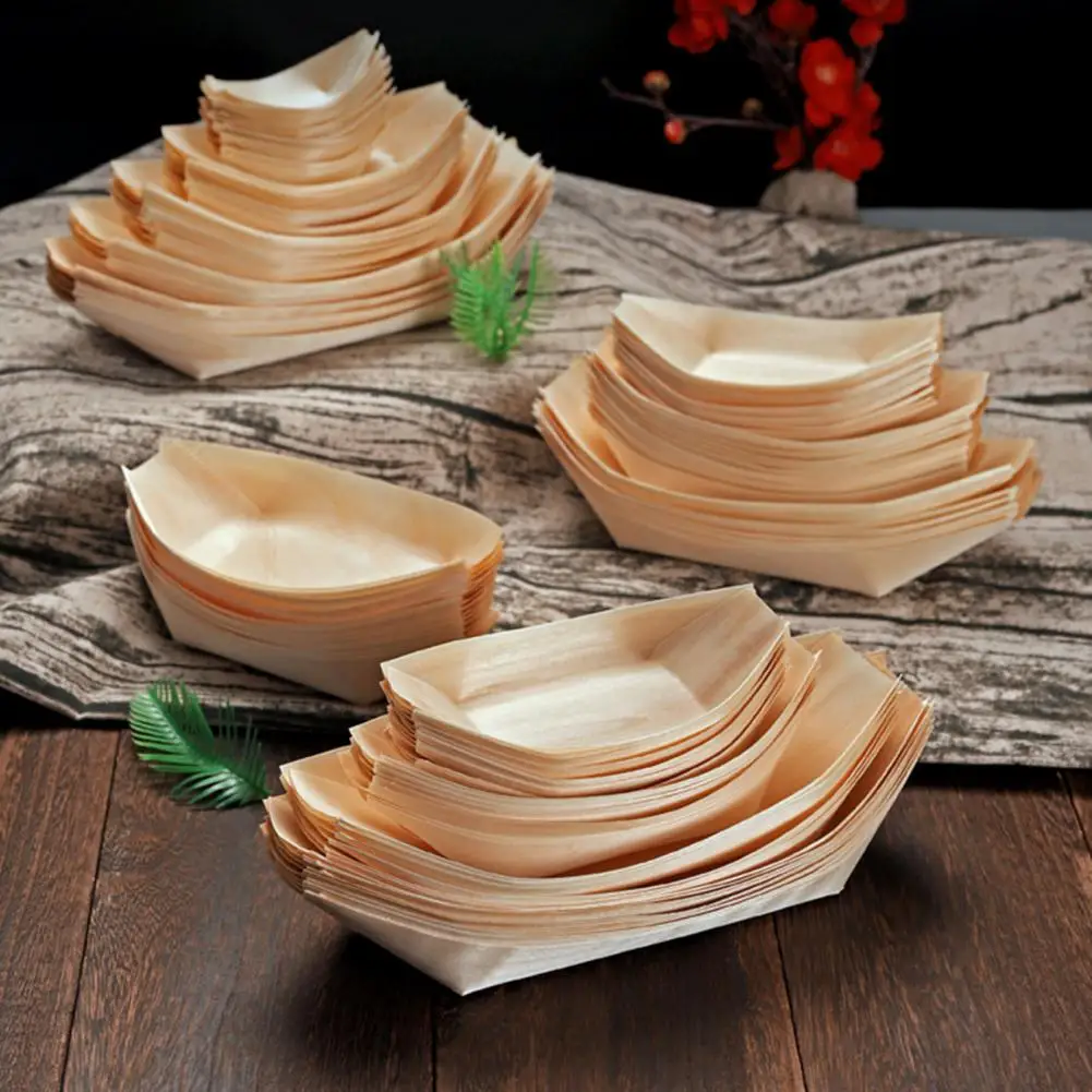 100Pcs Sushi Serving Boat Japanese Style Wood Disposable Food Grade Dessert Salad Appetizer Food Serving Tray Kitchen Supplies