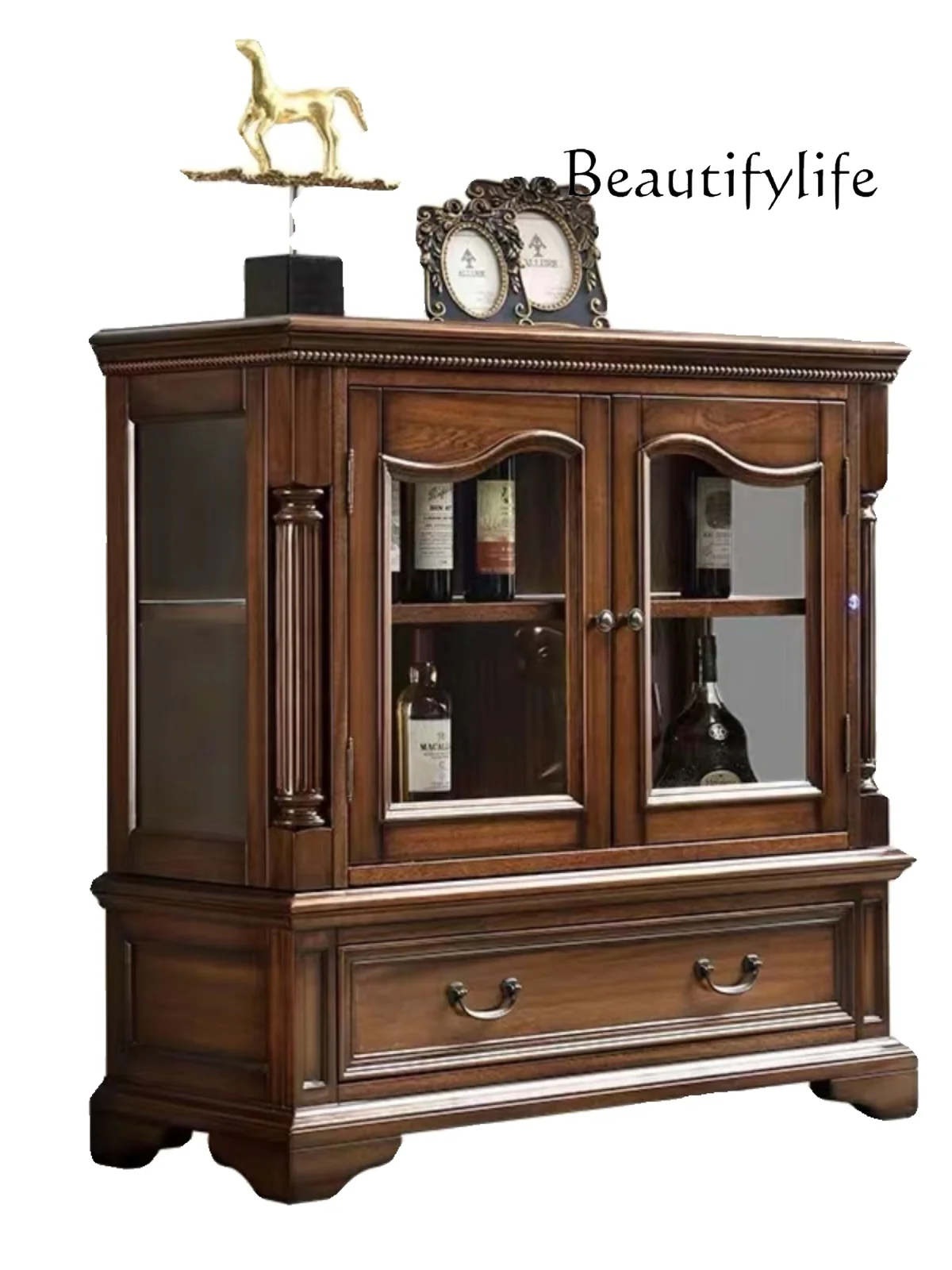 

American-Style Solid Wood High and Low Wine Cabinet European-Style Two-Door Display Living Room with Glass Locker Double Doors