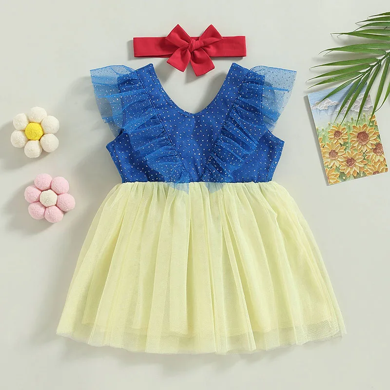 

2023-02-04 Lioraitiin 0-24M Infant Baby Girl Princess Dress V-Neck Ruffles Bowknot Sleeveless Layered Tulle Sweet Dress Headband