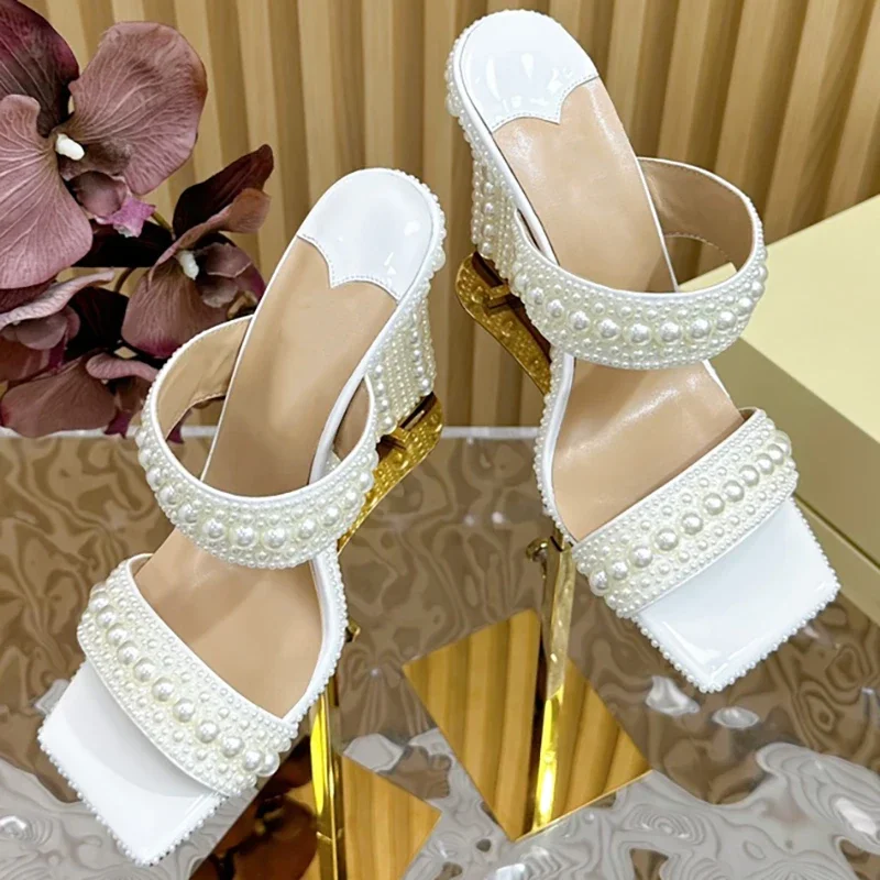 

Fashion Runway Summer Party White Elegant Wedge Heel Shoes Women Open Toe Square Toe Gorgeous Beading High Heeled Shoes