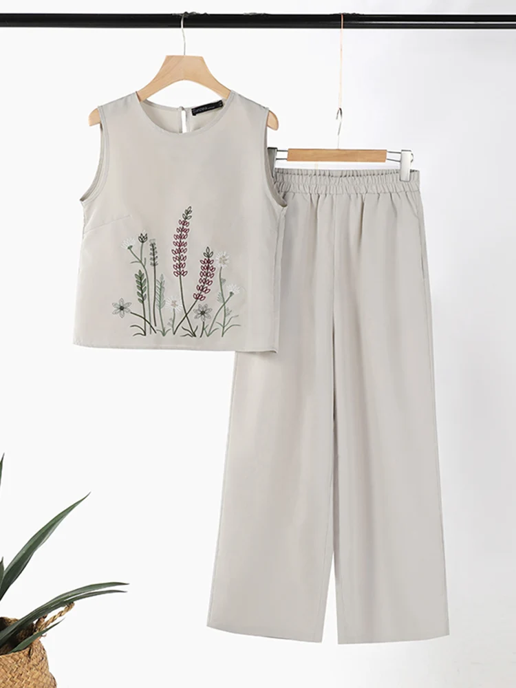 Fashion 2PCS Summer Outfits ZANZEA Sleeveless Embroidery Blouse Pant Sets Women Work OL Matching Sets Casual Holiday Tracksuits 5