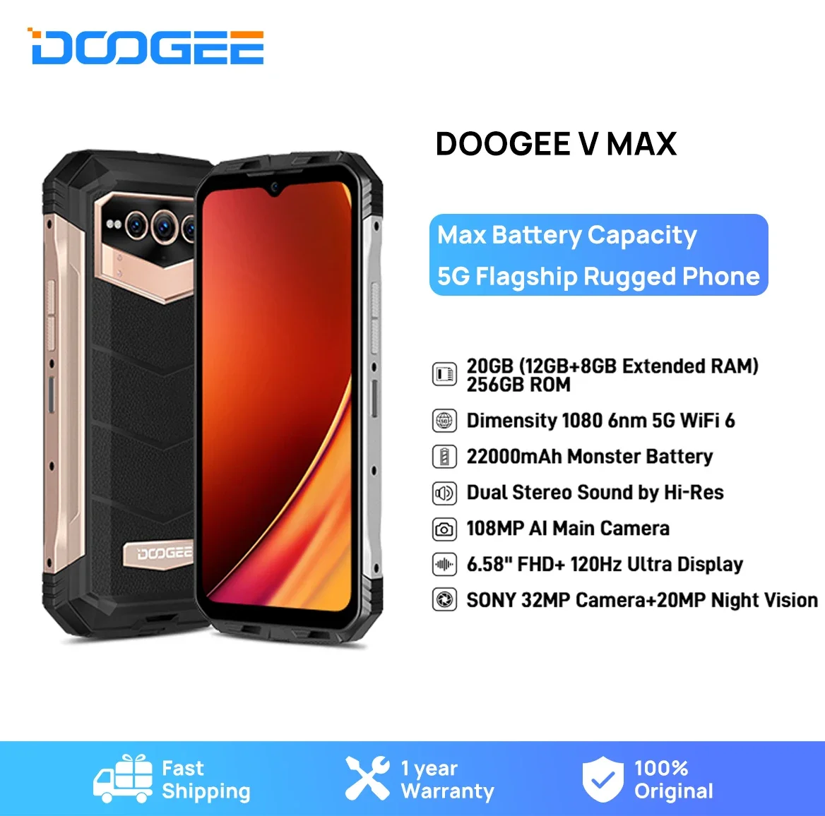 DOOGEE V Max 5G Rugged Phone 6.58 120Hz Dimensity 1080 Hi-Res 108MP Camera 12GB RAM 256GB ROM 22000mAh Battery Cellphone