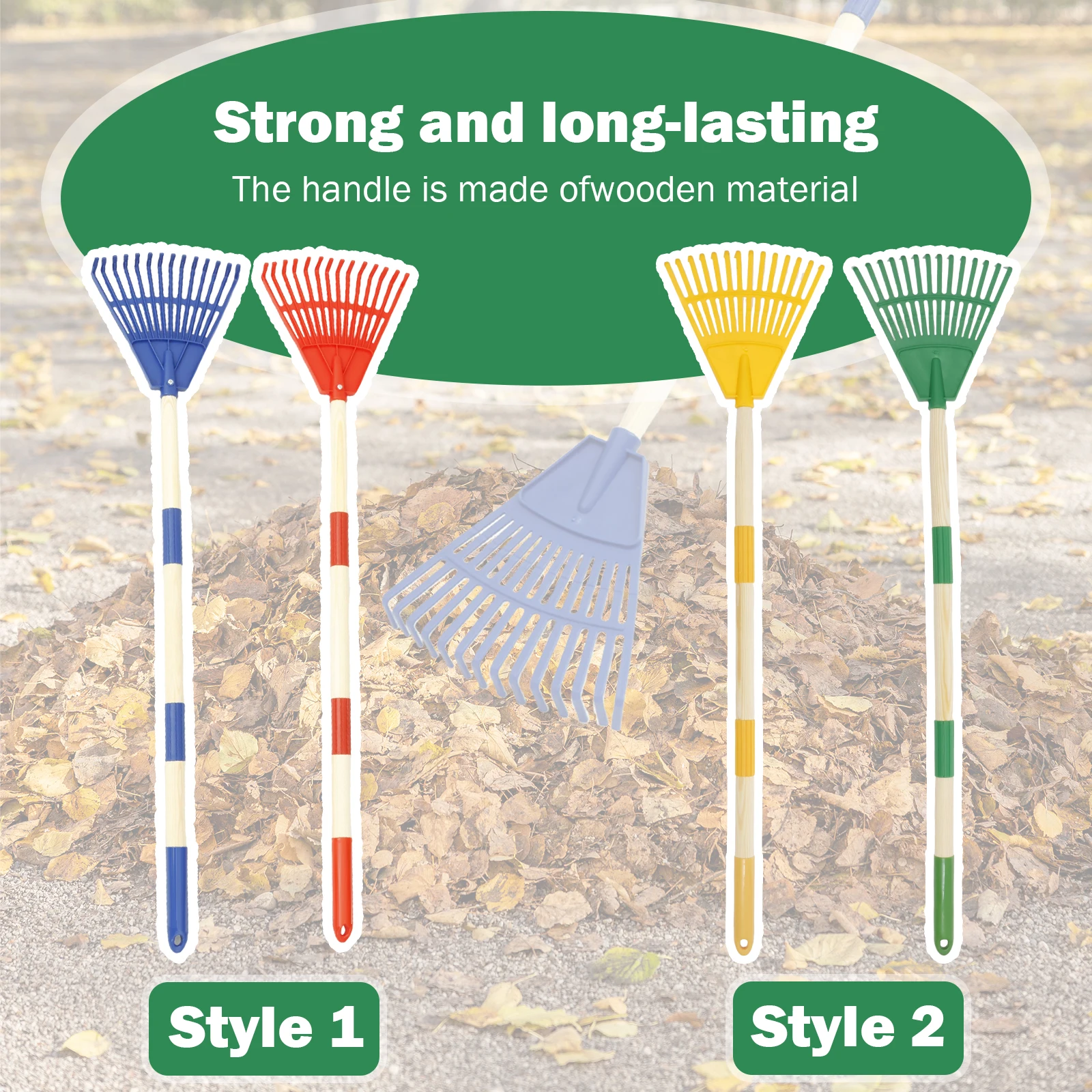 2Pcs Kids Leaf Rake Adjustable Garden Leaves Rakes with 3 Section Removable Handle Gardening Tool Plastic Wood Child Garden Rake