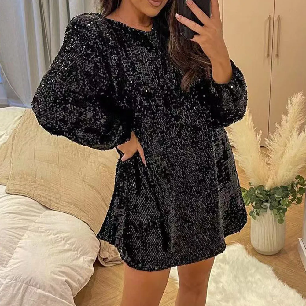 

Back Bowtie Sequin Short Loose Mini Dress For Women Ladies Long Sleeve Shiny Backless Dresses Female Party Costume