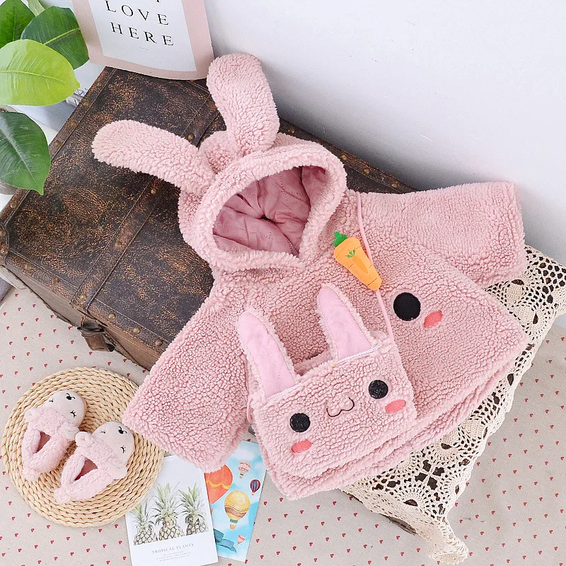 Winter Baby Girl Coat Cute Long Eared Rabbit Carrot Hoodie Warm Long Sleeve Back Zipper Cotton Coat Comes with Crossbody Bag