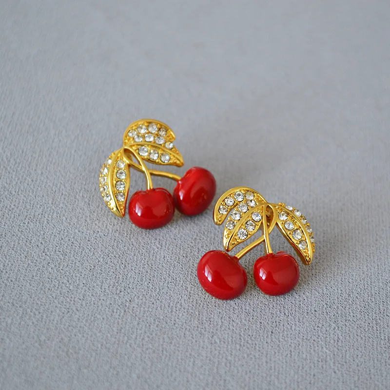 Cherry Flash Diamonds 925 Silver Needle Vintage Brass Gold-plated Earrings