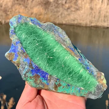 🌿 Bohemian Azurite Quartz Crystal – Freeform Display Stone with Turquoise, Rust & Emerald Green Fibers 1