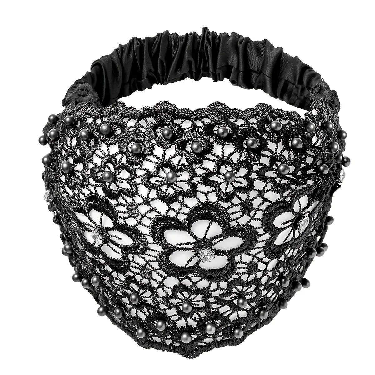 1pc Elegant Flower Bead Wide Headband, Lace Headband, Lace Pearl Hollow Wide Headband, Elastic Headband  Hair Bands for Women