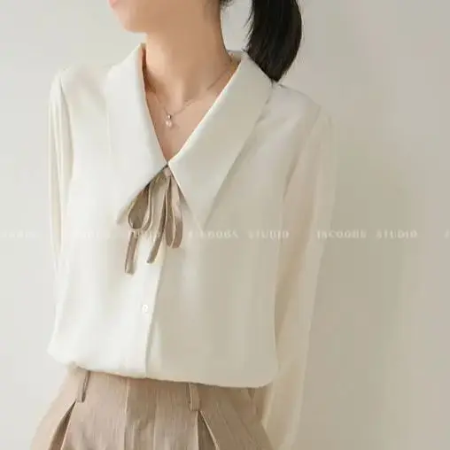 Korea Lantern Sleeve Temperament Korean Turn-Down Collar Bow Women'S Shirt Breasted Women Clothes