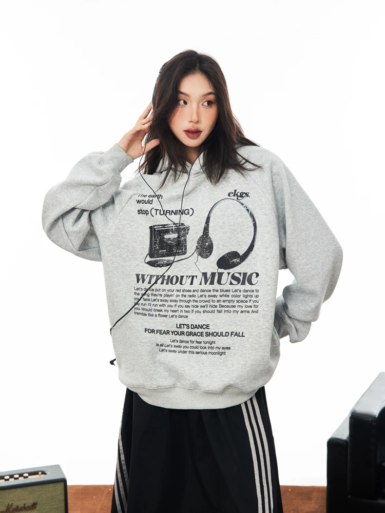 Pullover Hooded Sweater Adult Style SolidColor American Retro Headphones Printed Gray Warm Autumn Winter Loose Casual Couple Top