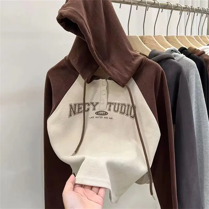 Autumn and Winter Women's Pullover Hooded Letter Printing Button Contrast Drawstring Sports Hoodies Fashion High Street Tops
