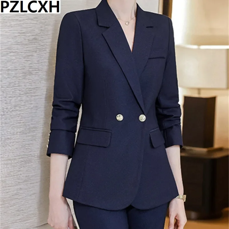 Coffee Colour Suit Set Women New Office Ladies Turn Down Collar Single Breasted Blazers Casual High Waist Pant Suits Versatile