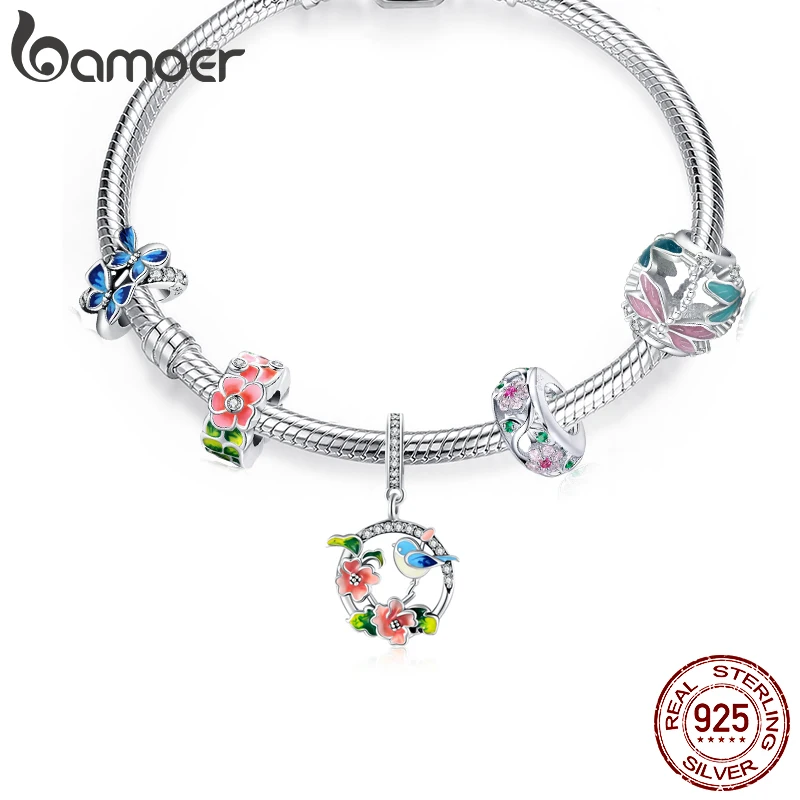 Silver pendant 925 Sterling Silver Colorful Birds Flowers Leaves CZ Pendant Spring Charm fit Original Bracelet Jewelry Accessories DIY