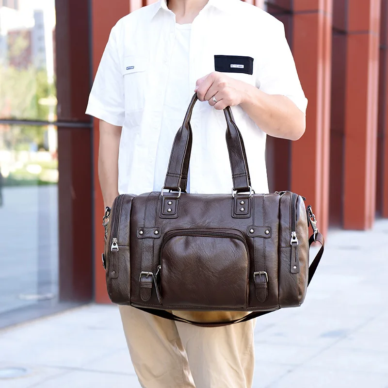 Travel Tote Men's Casual Travel Shoulder Bag Horizontal Outdoor Business Fitness PU Leather Handbag Personalized