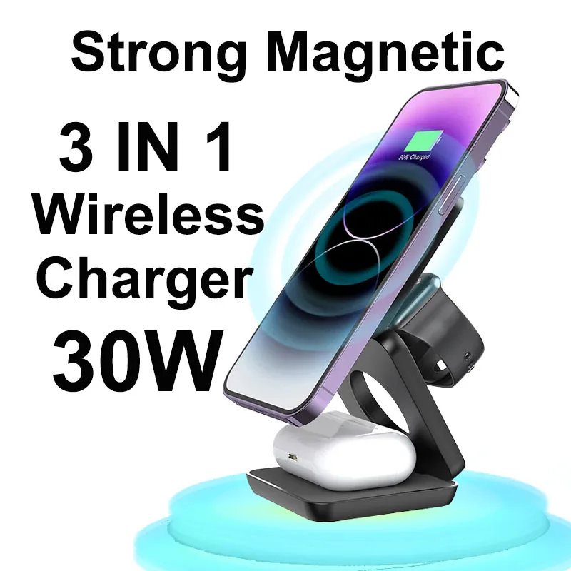 

Беспроводная Магнитная зарядная станция 3 в 1, 30 Вт, для Magsafe iWatch, Apple iPhone 15 Pro Max 14 13 12 11, держатель для телефона Airpod