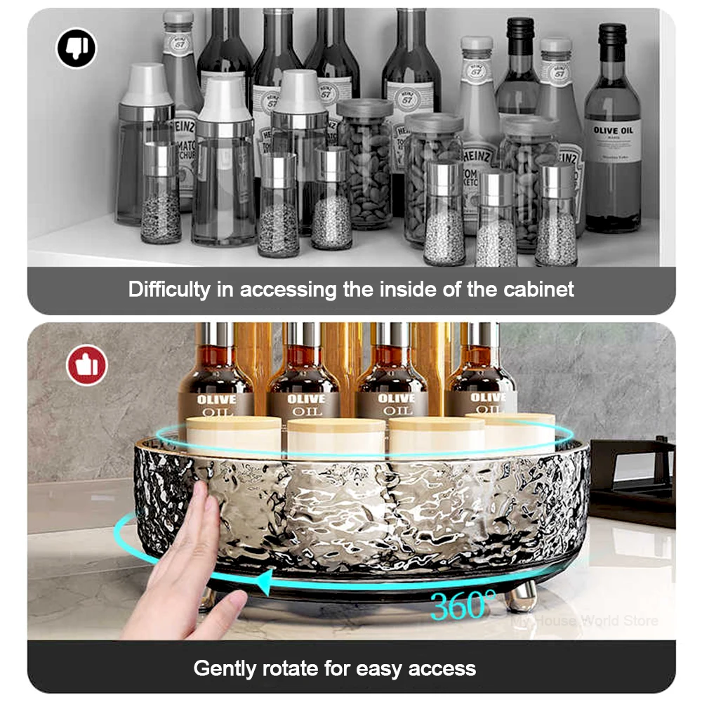 New Light Luxury 360 Rotating Cabinet Organizer Kitchen Bathroom Cosmetic Turntable Storage Tray Non-Slip Spice Round Rack Plate 3