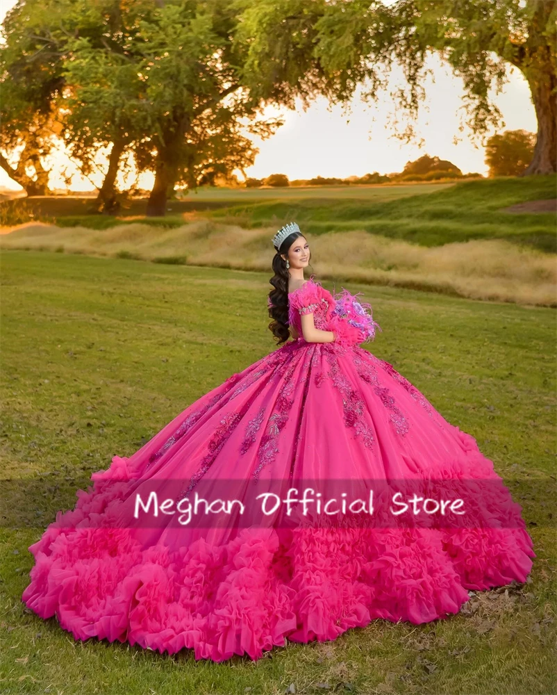 Fuchsia Off Shoulder 3D Flower Quinceanera Dress Bead Applique Birthday Luxury Dress Feather Tiered Ruffles Gown Customized