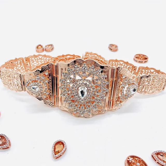 Moroccan Robe Wedding Belt Long Chain Belt Arabian Water Drop Shaped Rhinestone Waist Chain Bridal Jewelry Belt Rose gold