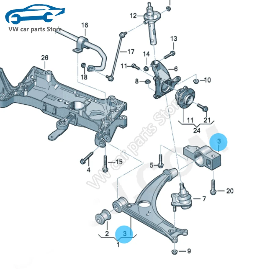 Control Arm Bushings Kit Control Arm 1K0199231J/232J Front Control Arms Bushing Lower Bracket Rubber Suspension For VW Golf MK5 MK6 Sciricco Caddy EOS YETI Touran A3