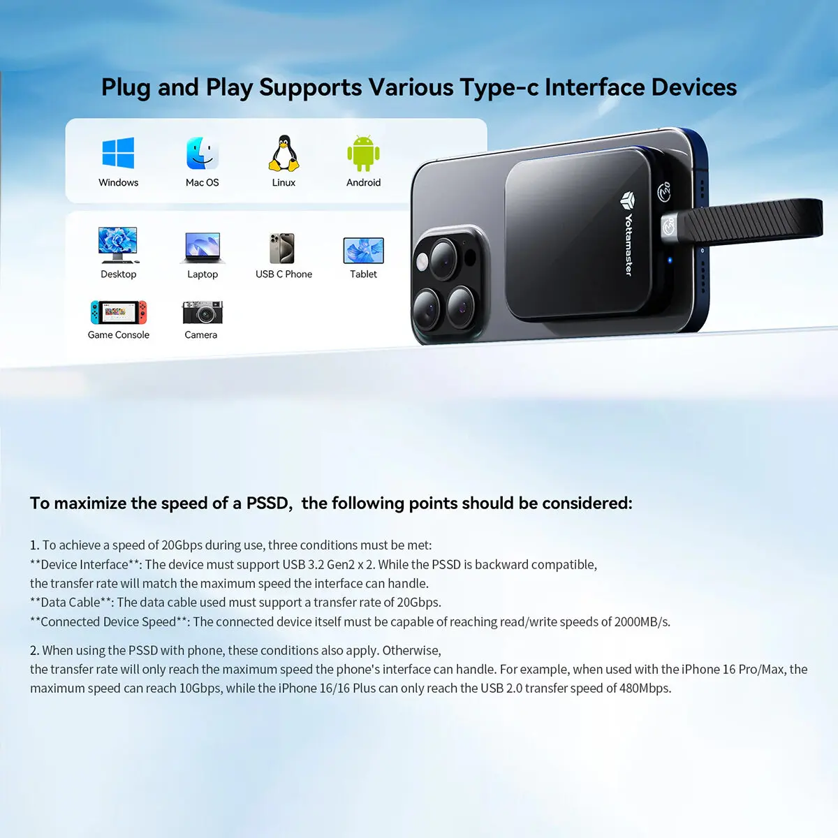 Yottamaster Mini Magnetic External Portable SSD HDD 2TB 1TB 4K ProRes HDR Record PSSD Solid State Drive for iPhone15/16 Pro Mac