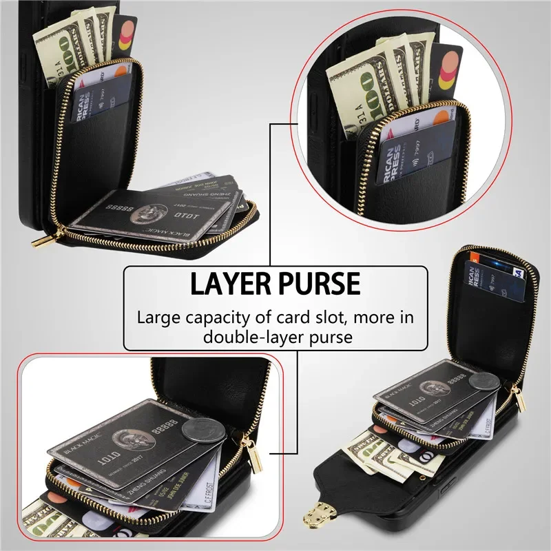Leather Crossbody Lanyard Wallet Phone Case with Zipper and Flip Stand Cover