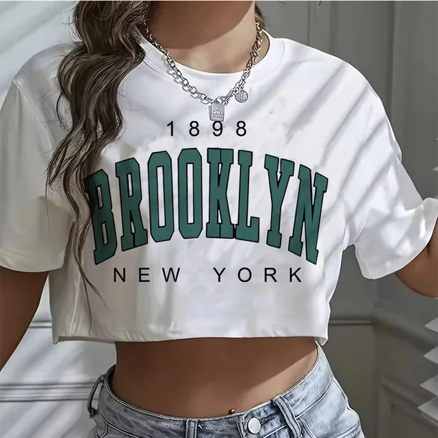 T Shirt Los Angeles Number 91 Brooklyn Graphic Round Neck Sports Crop T-shirt Casual Crop Top Women Cropped 1