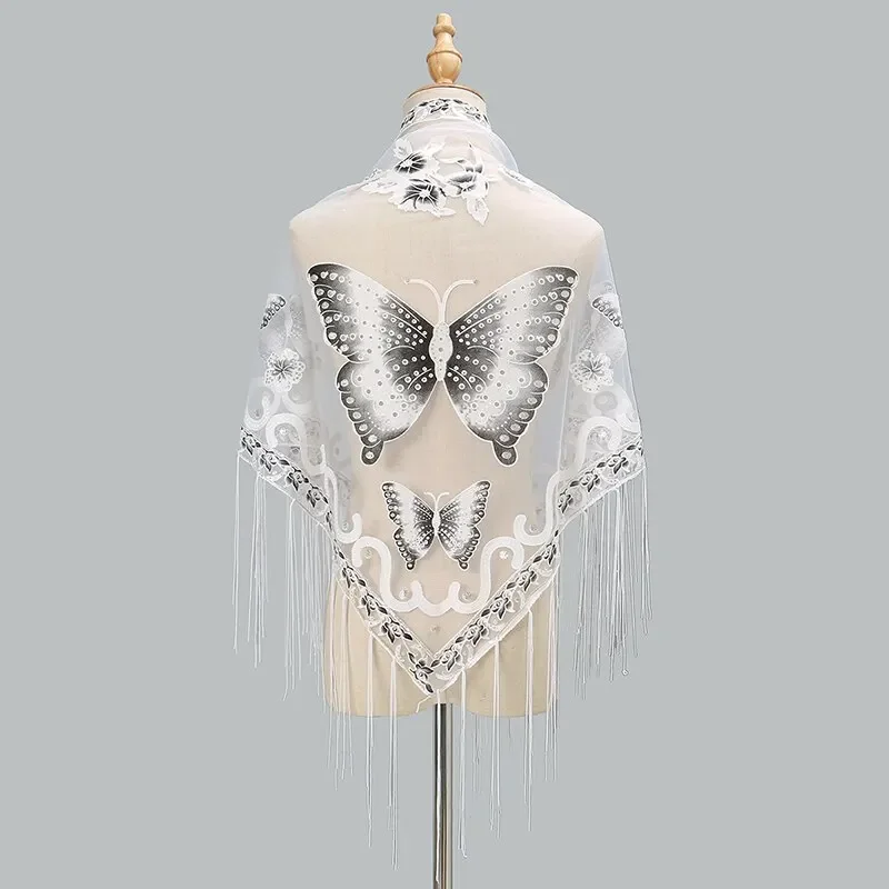 

Printed Butterfly Lace Scarf Triangle Tassel Shawl Elegant Ladies Summer Solid Color Shiny Scarves Fashion Cape 150*65cm