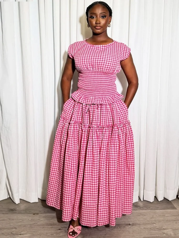 Wmstar Dress Women Wholesale Cross Border Clothing 2025 Summer New Fashion Checked Waist Cinching Body Hugging Top Skirt Set