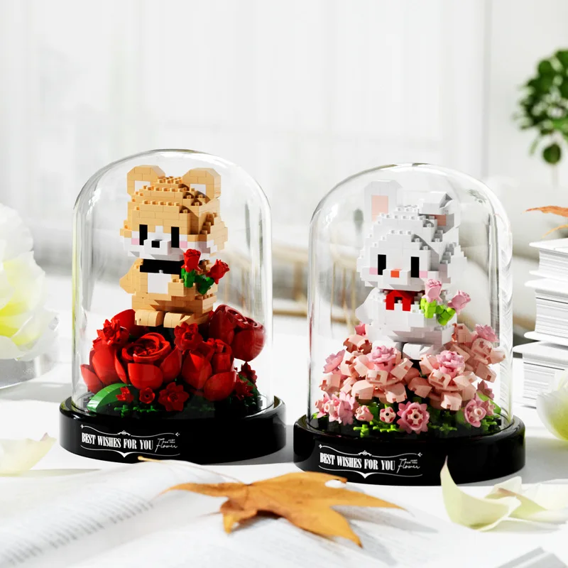 Flower Bouquet Building Blocks Animal Set Dust Cover Bonsai Cute Animal Bear Bunny Dog Model Kids Romantic Gift for Girls
