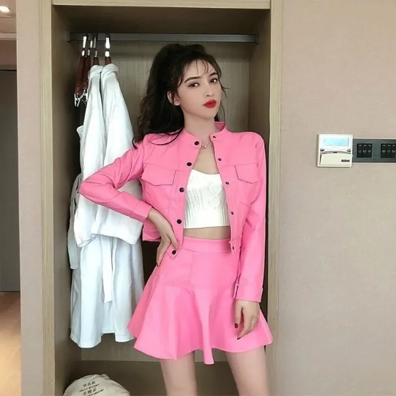 2024 Spring Autumn New Women's Pink 2 Piece Set Faux PU Leather Jacket Solid Slim Motorcycle Coat + Streetwear Mini Skirt Y233