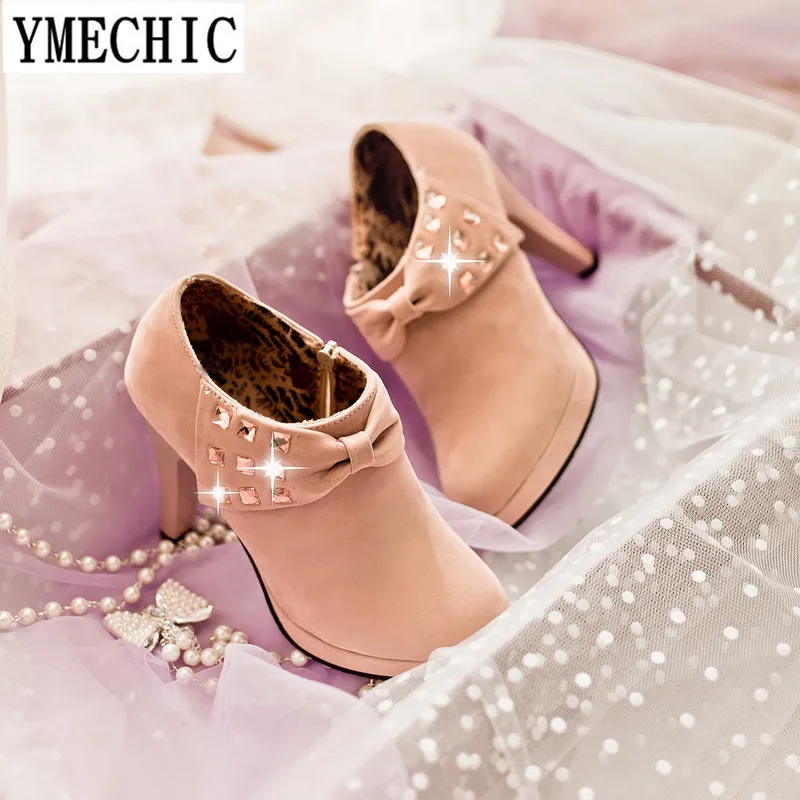 

YMECHIC 2018 Autumn Winter Flock Ladies Thin High Heels Party Shoes Crystal Butterfly-knot Platform Womens Ankle Boots Plus Size