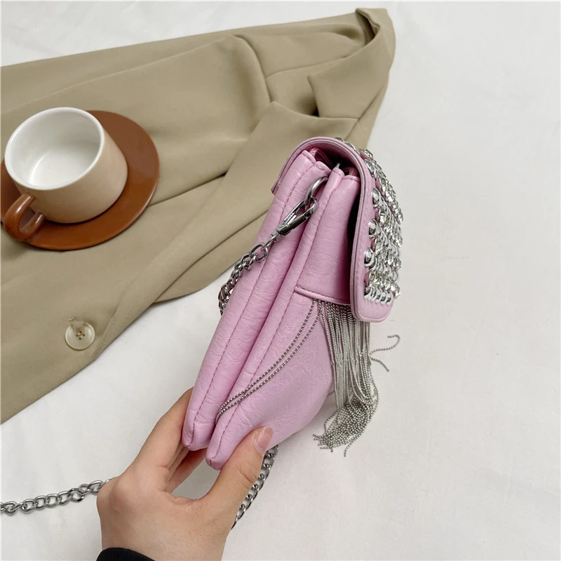 Quaste Umhängetasche einfarbig Pu Leder Damen tasche Luxus besetzt Diamant Handtasche Mode Mini kleine Umhängetasche – Detail 13