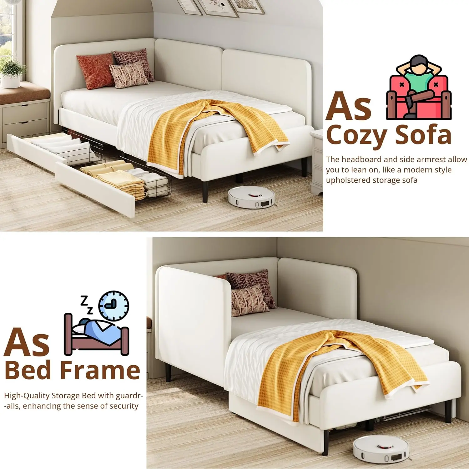 Twin Daybed with Headboard, Corner Bed Frame with Bed Rails and Storage Drawers, Solid Support, for Bedroom Guest Room, Cream