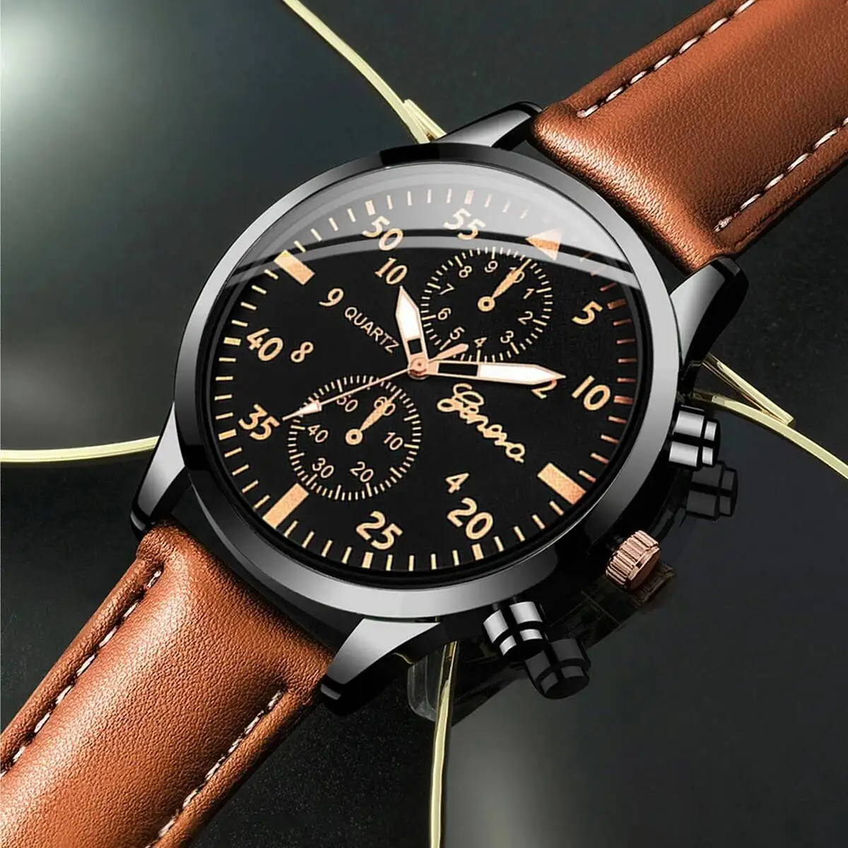 4PCS/Set Fashion Men's Business Watches Casual Leather Strap Quartz Wristwatches Vintage Bracelets Set Reloj Hombre（Without Box）