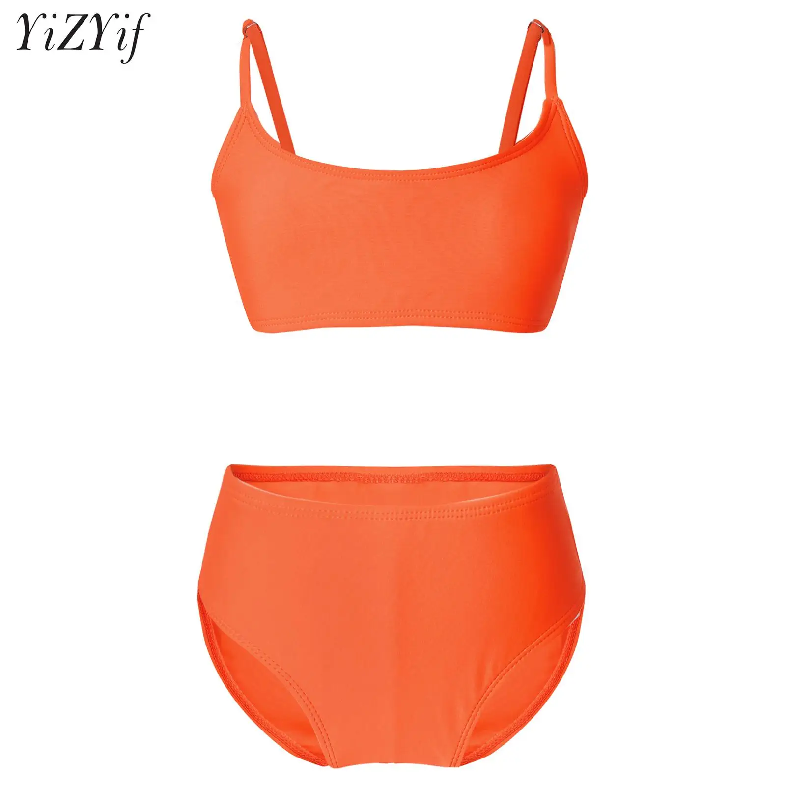 

2Pcs Bikini Swimsuit for Girls Spaghetti Straps Chest Pads Tank Bra Tops and Briefs Swimwear Set Soild Color Sport Bathing Suit