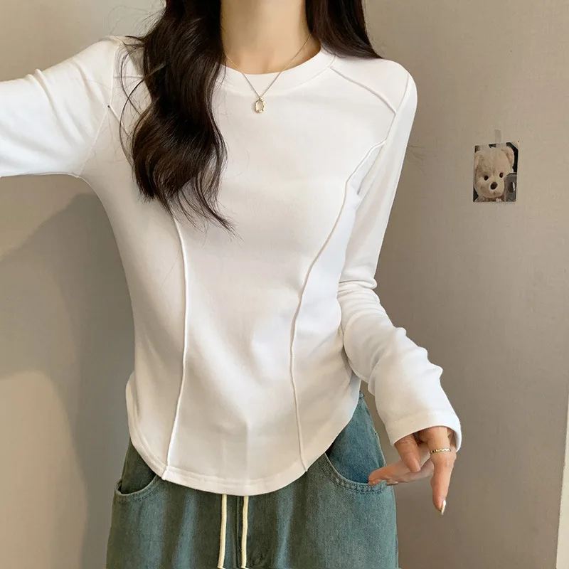 

Long Sleeved Bottom Shirt for Women's Autumn Winter New Slim Fit Spicy Girl Pullover Tops Korean Casual Fish Bone Line T-shirt