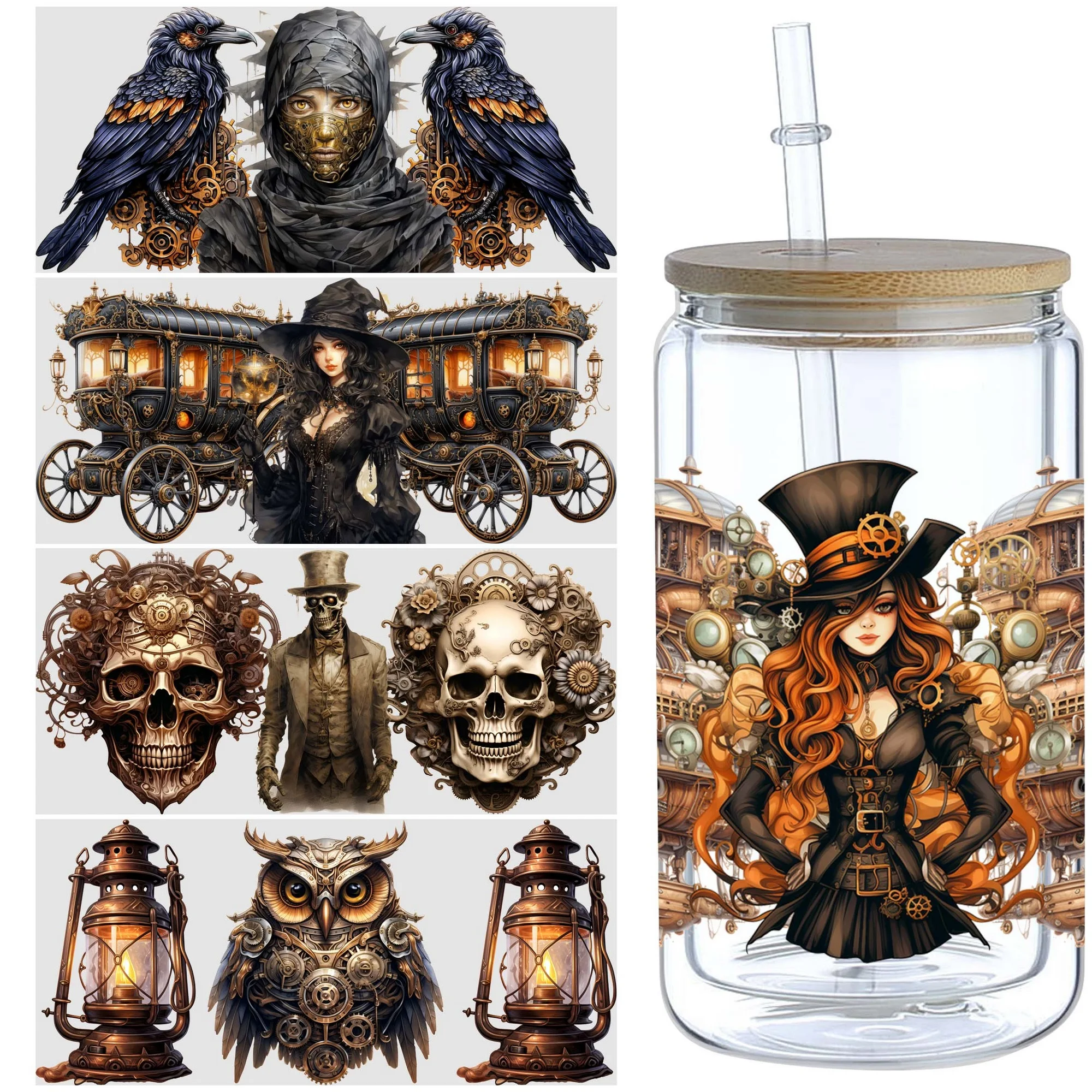Halloween Steampunk UV DTF cup stickers waterproof steampunk style wipe transfer paper 5 sheets suitable for 16 oz glass
